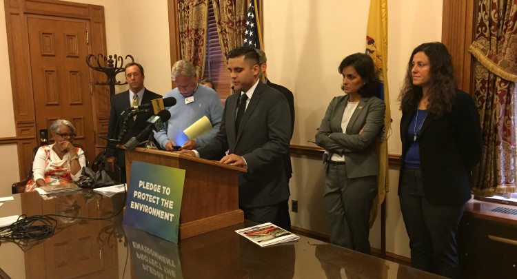 Drew Tompkins, NJLCV policy coordinator, speaks at the Save EPA press event. 