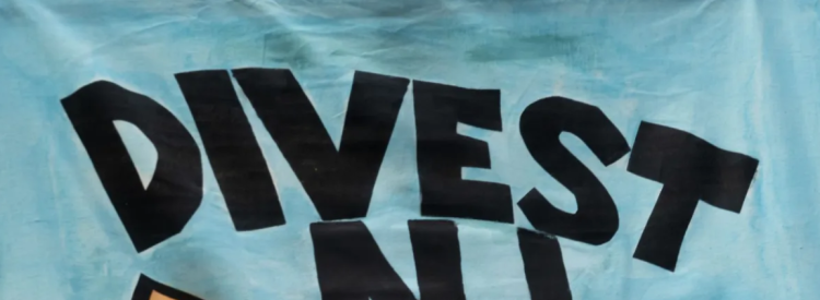 Flag saying Divest NJ with text FOSSIL FREE and PENSION FUNDS